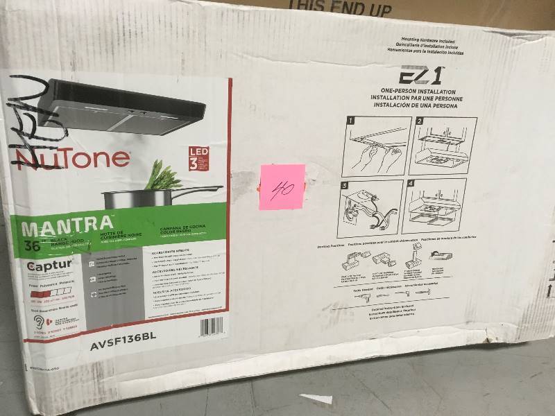 lot 40 image: NuTone Mantra 36 in. Convertible Under Cabinet Range Hood with Light in Black- not used