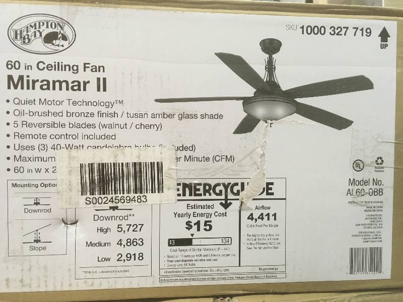 lot 58 image: Hampton Bay Ceiling Fans Miramar II 60 in. Oil Brushed Bronze Ceiling Fan- not used