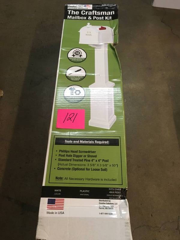 lot 121 image: Craftsman Mailbox and Post Kit, White- not used