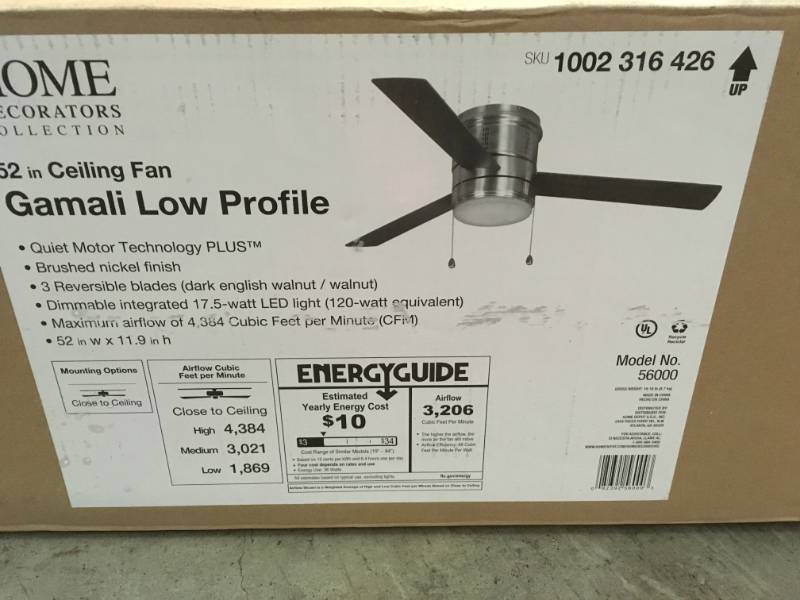 lot 123 image: Home Decorators Collection Gamali 52 in. LED Indoor Brushed Nickel Ceiling Fan with Light Kit- open box