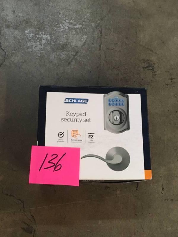 lot 136 image: Camelot Satin Nickel Electronic Door Lock Deadbolt with Accent Door Lever- open box
