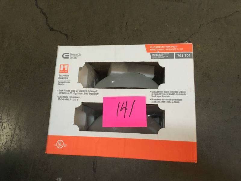 lot 141 image: Commercial Electric 13 in. 2-Light Brushed Nickel Flush Mount with Frosted Glass Shade (2-Pack)- not used