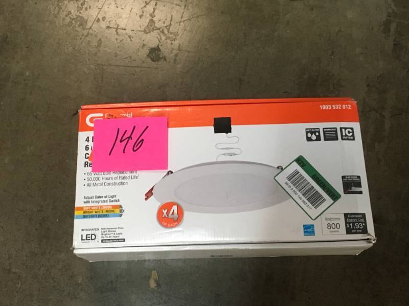 lot 146 image: Ultra Slim 6 in. New Construction and Remodel Color Selectable Canless LED Recessed Kit (4-Pack)- good condition