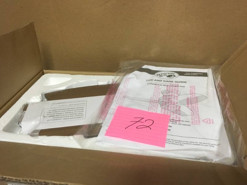 lot 72 image: Hampton Bay Moresco 32 in. Indoor Oil Rubbed Bronze Ceiling Fan with Light Kit and Wall Control- open box
