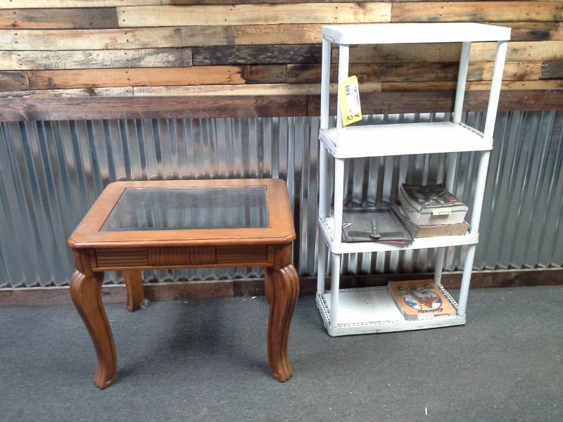 lot 46 image: Lot of (2) Glass Top Wood Side Table, 4-Tier Plastic Storage Rack