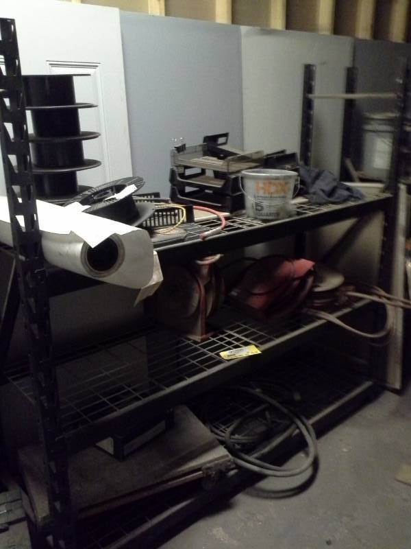 lot 69 image: Contents of Shelf - Wire Spools, Paper In-Trays, Cables, Wood Dolly, Air Hoses Reels, And More