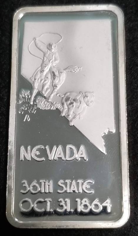 lot 20 image: 1 TROY OZ. .999 FINE SILVER ART BAR 50 STATES NEVADA
