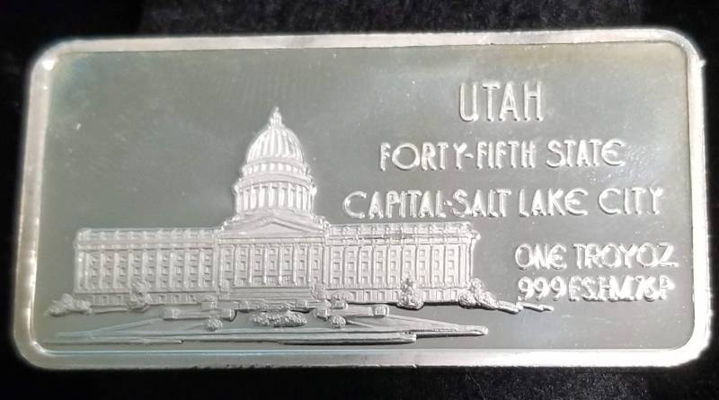 lot 29 image: 1 TROY OZ. .999 FINE SILVER ART BAR 50 STATES UTAH