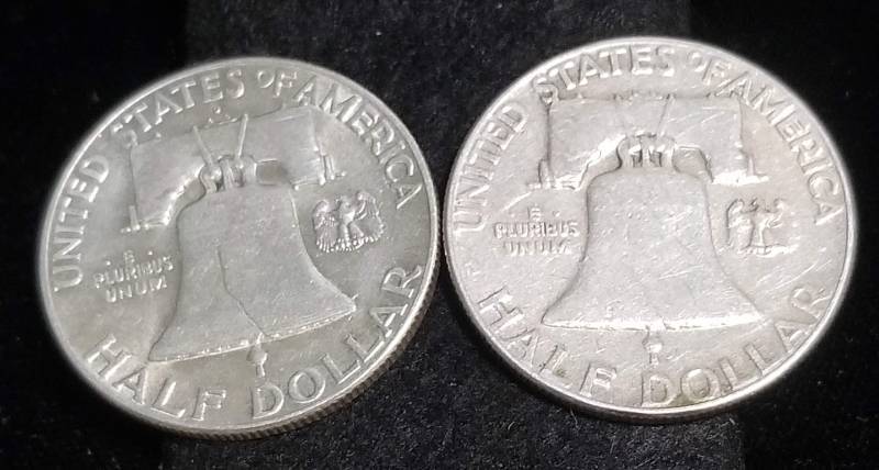lot 36 image: 2 FRANKLIN HALF DOLLARS 1948-D 1953