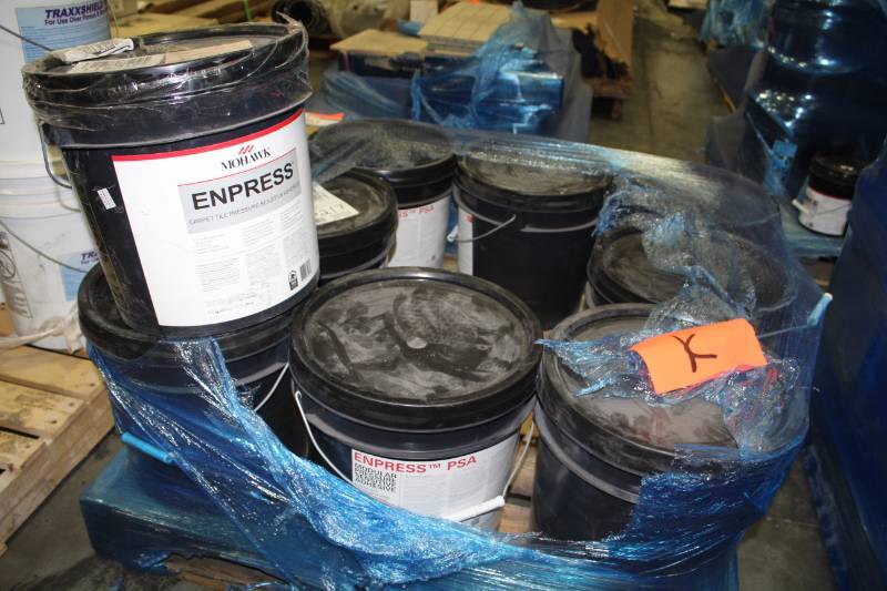 lot 249 image: Lot of (3) Mohawk Enpress Carpet Tile Pressure Sensitive Adhesive 4-Gallon Pail