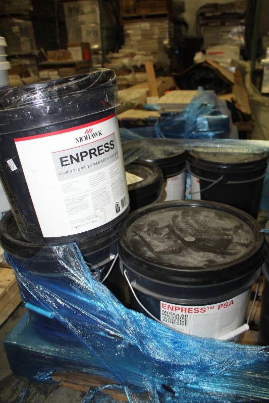 lot 250 image: Lot of (3) Mohawk Enpress Carpet Tile Pressure Sensitive Adhesive 4-Gallon Pail