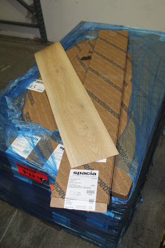 lot 341 image: Lot of (23) Boxes of Spacia Standard Wood Eden Oak Spacia Tick Wood Emboss Flooring 7.25x48in.