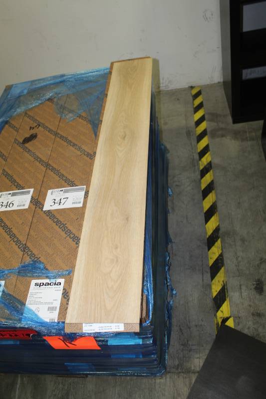lot 347 image: Lot of (16) Boxes of Spacia Standard Wood Eden Oak Spacia Tick Wood Emboss Flooring 7.25x48in.