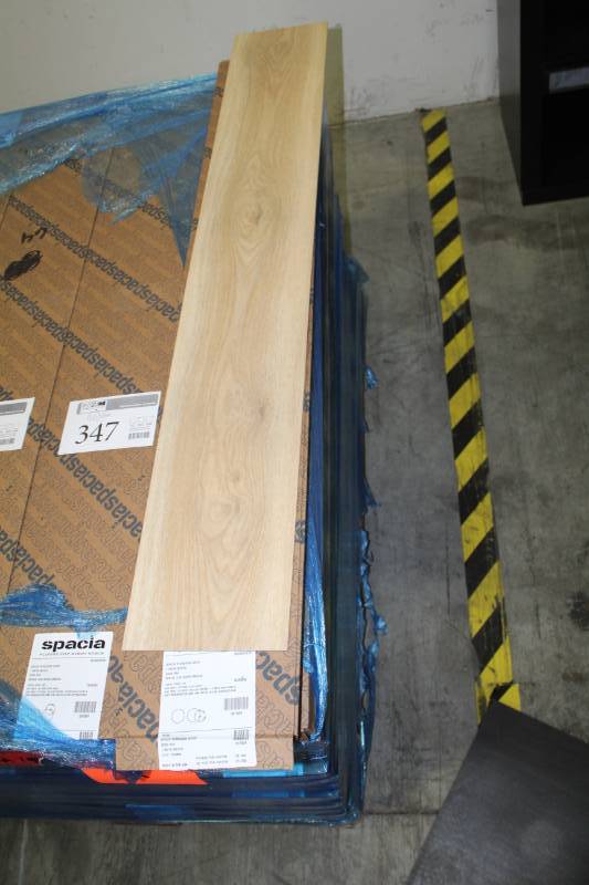 lot 346 image: Lot of (16) Boxes of Spacia Standard Wood Eden Oak Spacia Tick Wood Emboss Flooring 7.25x48in.