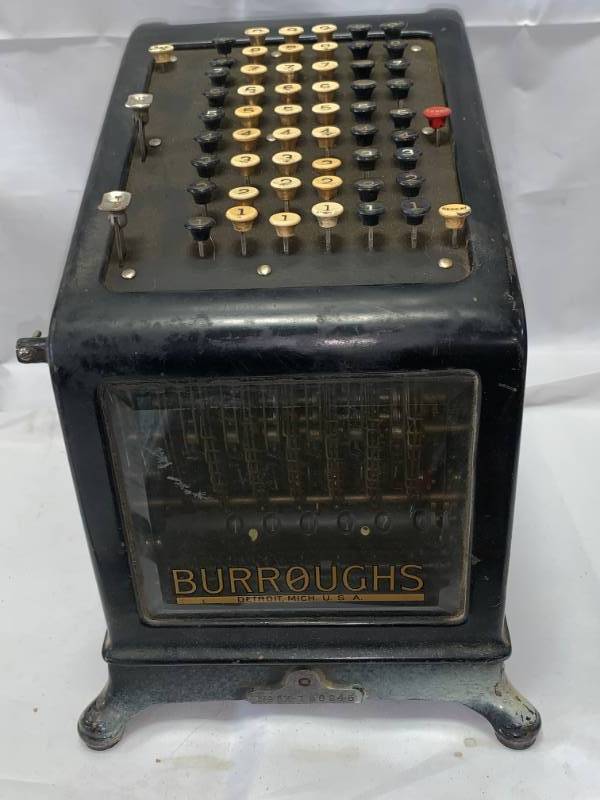 lot 19 image: Vintage Burroughs Adding Machine wGlass (over $400 retail)