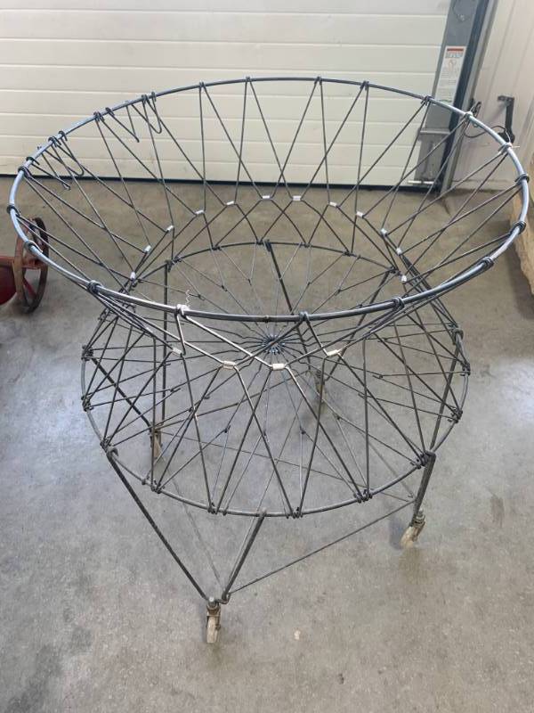 lot 20 image: Vintage Antique Folding Wire Laundry Basket w Wheels