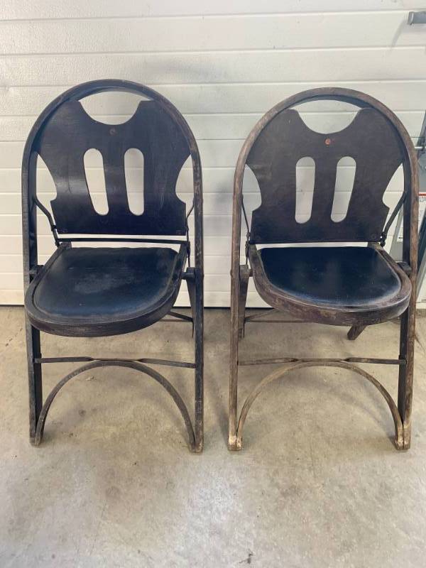 lot 66 image: 1920s Theater Folding Chairs Solid Kumfort Lot of 2 (quite rare)   Retails up to $75 each