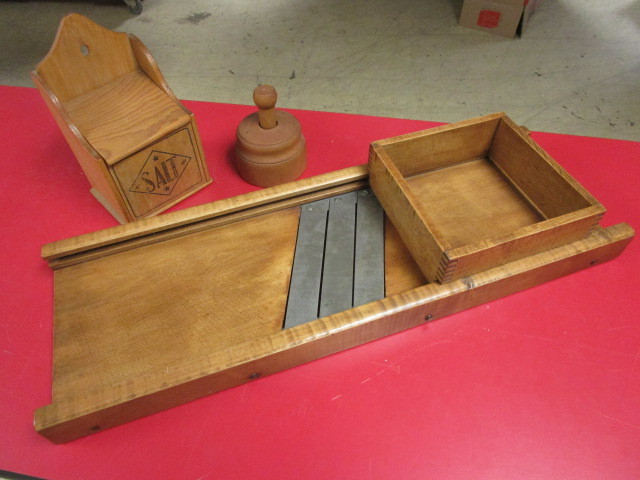 lot 125 image: VINTAGE WOOD CABBAGE SLICER, DECORATIVE BUTTER MOLD, AND SALT BOX DECOR