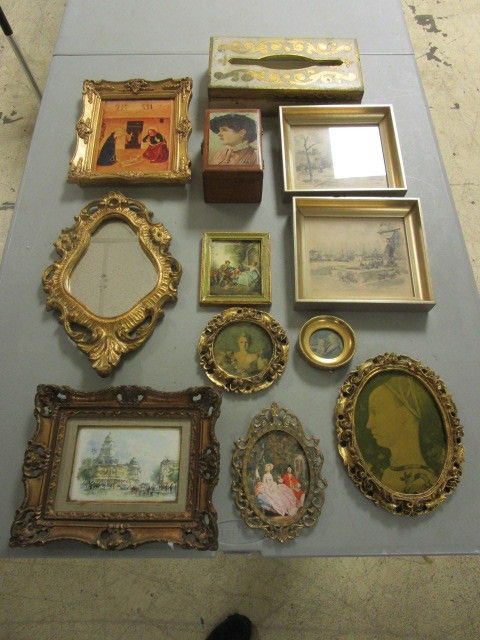 lot 137 image: VINTAGE FRAMED ITALIAN ARTWORK, CHAS S. HIGGINS DECORATIVE BOX, AND OTHER VINTAGE DECORATIVE HOUSEWARES