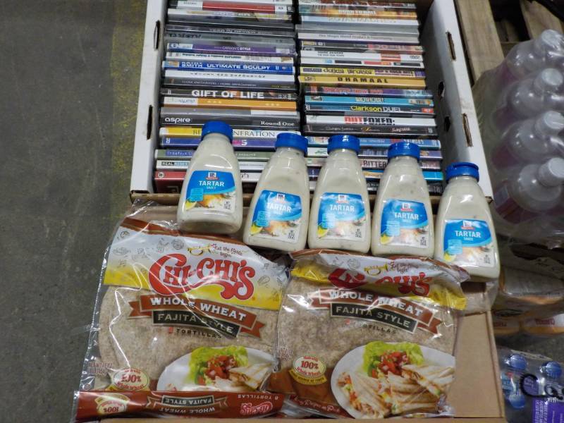 lot 96 image: Box of DVDs, 5 bottles Tartar Sauc...