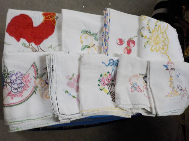 lot 136 image: 9 Cross Stitched Towels ...