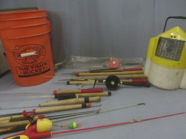 lot 39 image: Ice Fishing Rods, Jigs, Buckets