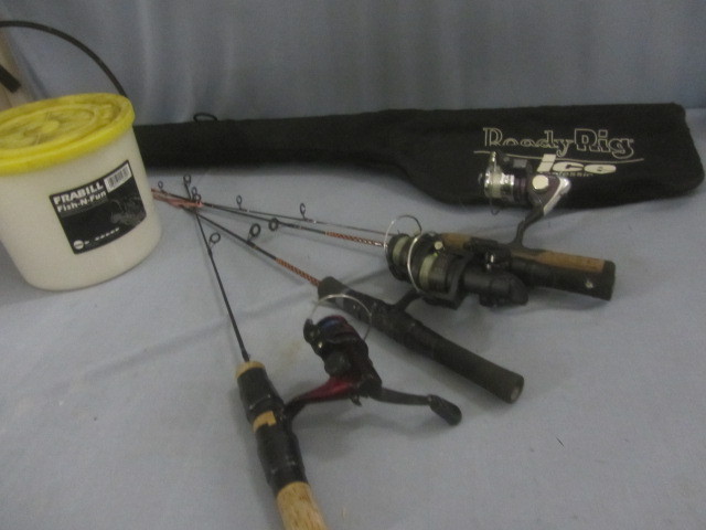 lot 40 image: Ice Fishing Rods, Reels, Bait Bucket