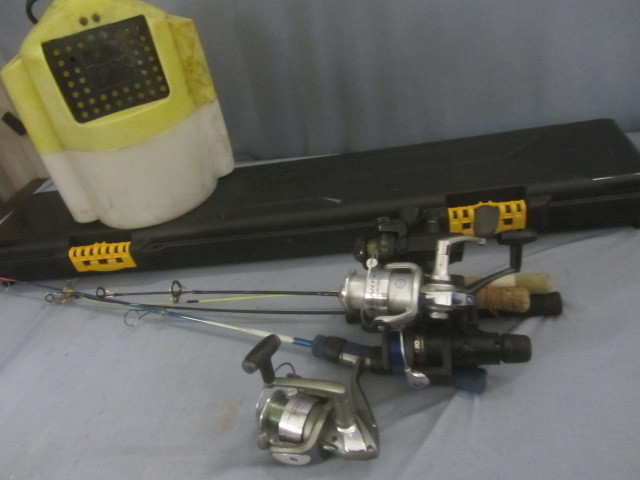 lot 41 image: Ice Fishing Rods, Reels, Hard Case, Bait Bucket