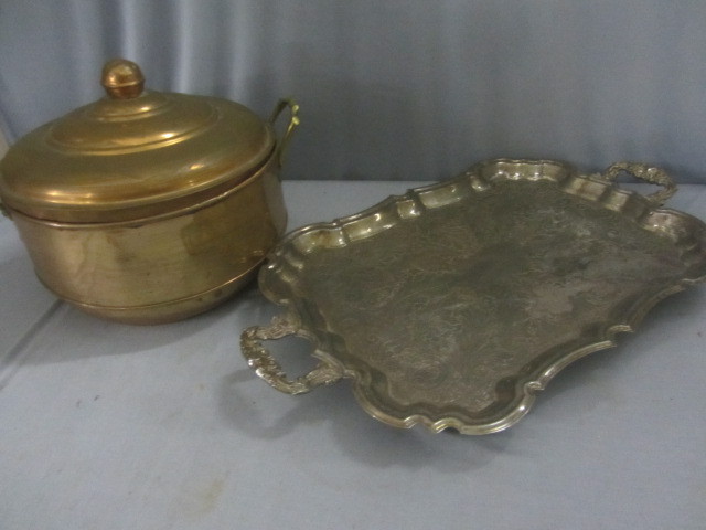 lot 181 image: Copper & Brass Steamer, Silver Plate Tray
