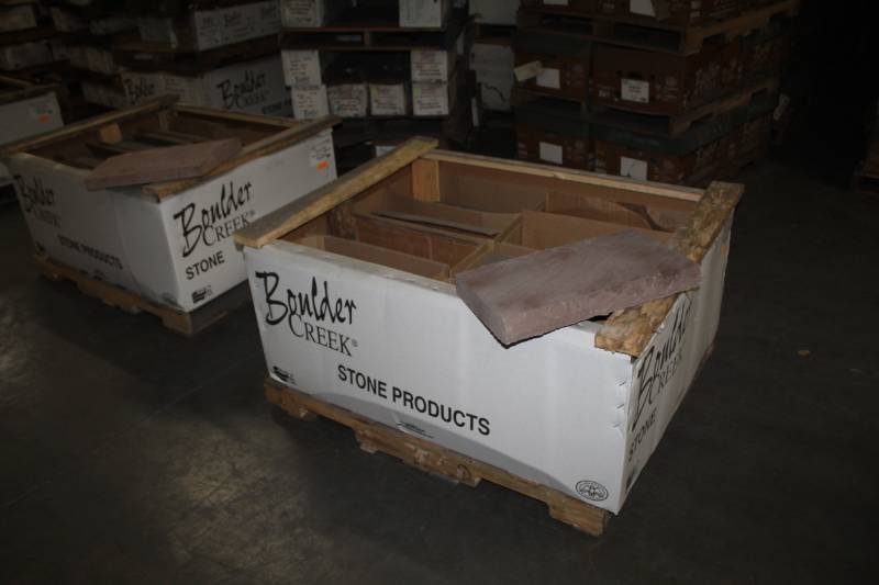 lot 56 image: Lot of (48) Boulder Creek Arkansas Peaked Capstone 16x20x3in., Arkansas Flat Capstone 12x20x3in.