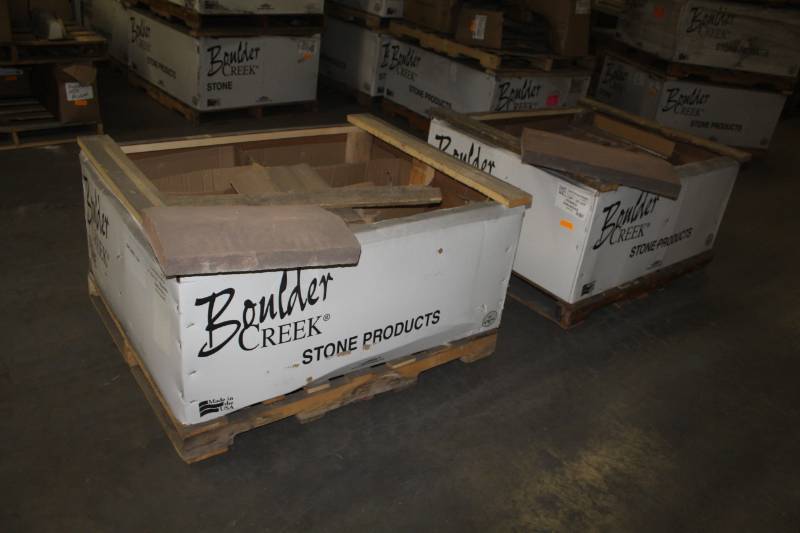 lot 58 image: Lot of (28) Boulder Creek Arkansas Peaked Wall Cap 16x24x3in., Arkansas Peaked Capstone 12x20x3in.