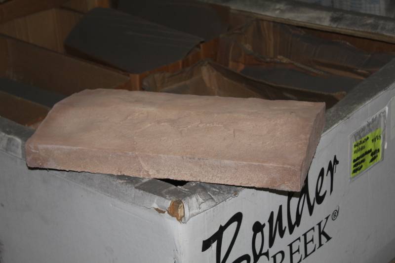 lot 61 image: Lot of (43) Boulder Creek Antique Tan Peaked Capstone 12x20x3in.