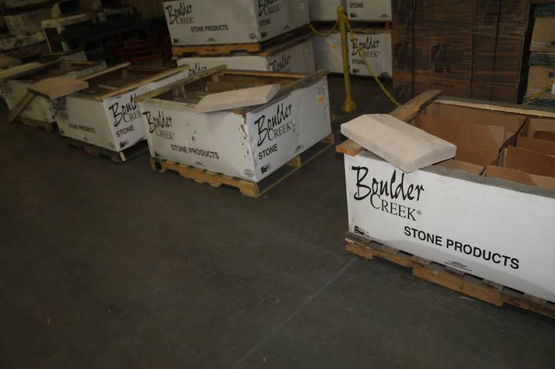 lot 62 image: Lot of (47) Boulder Creek Antique Tan Peaked Capstone 12x20x3in.