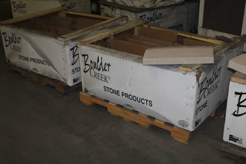 lot 64 image: Lot of (46) Boulder Creek Antique Tan Peaked Capstone 12x20x3in.