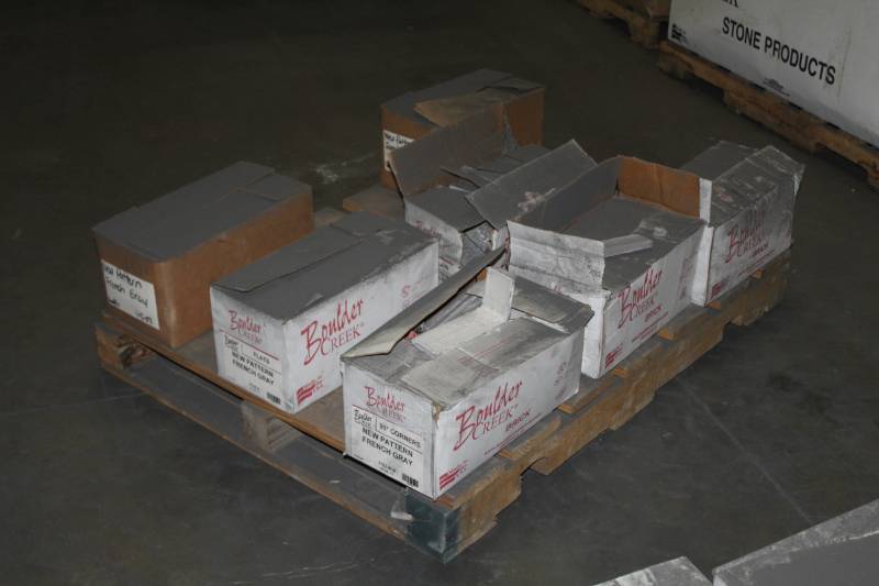 lot 97 image: Lot of (7 Boxes) Boulder Creek New Pattern French Grey 90 Degree Corners and Flats