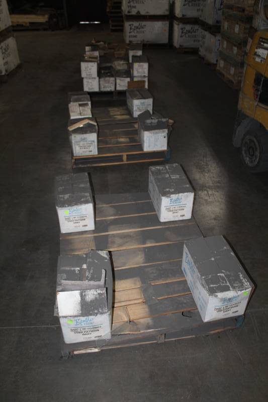 lot 105 image: Lot of (33 Boxes) Boulder Creek Used Pattern Grey 90 Degree Corners, Used Pattern Old World 135 Degree Corners, New Pattern Vintage Brown Flats