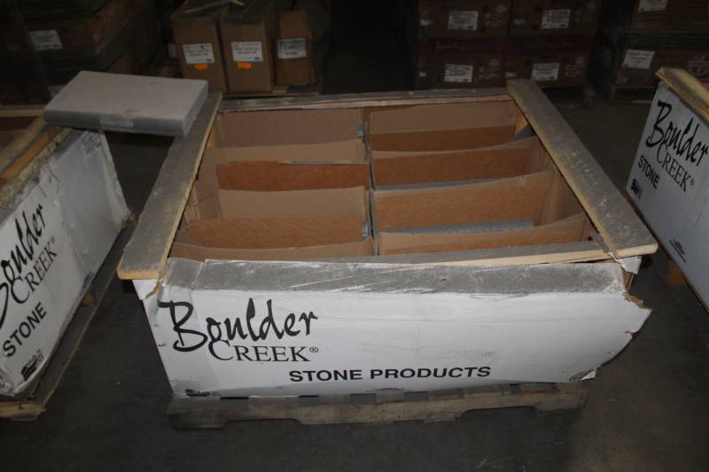 lot 235 image: Lot of (24) Boulder Creek Bullnose Capstone 12x18in. Straight Pewter Gray
