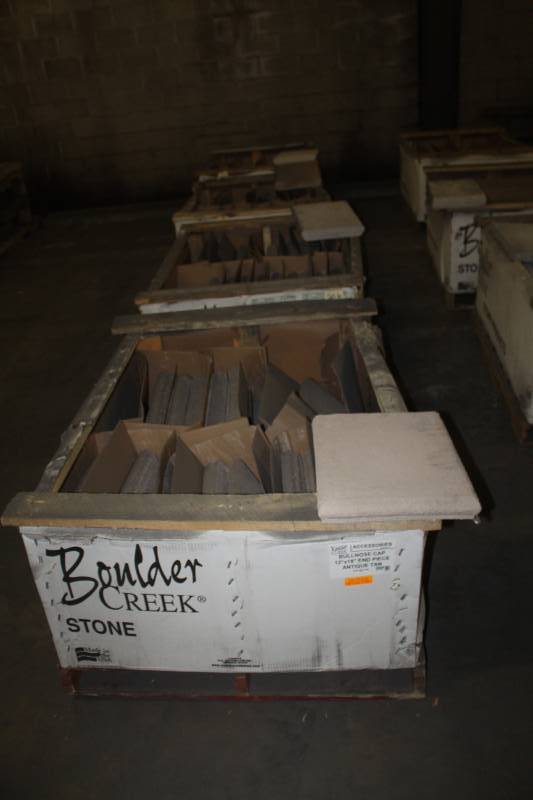 lot 239 image: Lot of (64) Boulder Creek Bullnose Capstone 12x18in. End Piece Antique TanLight GrayPonderosa