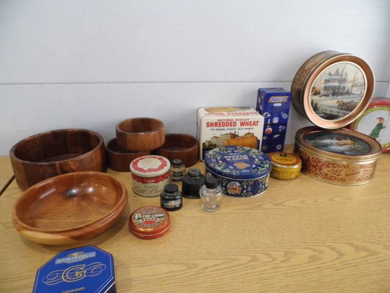 lot 43 image: Tins - Wood Bowls - Ink Bottles
