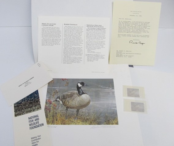 lot 76 image: L.E. Signed & Numbered ROBERT BATEMAN Pride of Autumn-Canada Goose Print 14,38015,294 w 2 STAMPS (1986 Letter from RONALD REAGAN Included)