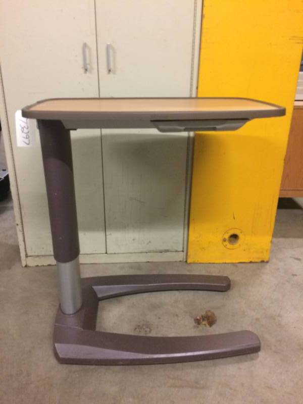 lot 39 image: MSRP $800 Top Of The Line Stryker Tru-fit Overbed Table Over the Bed Hospital Wheelchair Tray Adjustable Bedside Table Large Top Surface W Double Sided Vanity Mirror - Excellent Condition