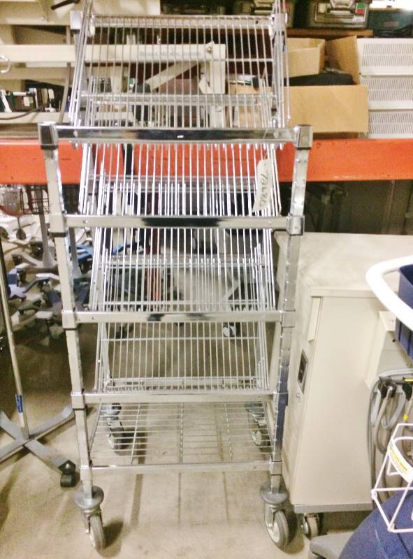 lot 8 image: MSRP $500 AMCO&nbspMobile&nbspSlanted Metal Wire Bin Shelving On Wheels - Easily Access Products or Assemble Kits In Your Warehouse - Excellent Condition 1st Picture Stock Photo - No Bins Just Cart -Bins Can Be Bought Online