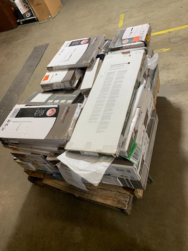 lot 9 image: Mixed pallet of flooring TrafficMASTER Lifeproof, peel n stick, Plank hardwood, Tile, a few damaged cases