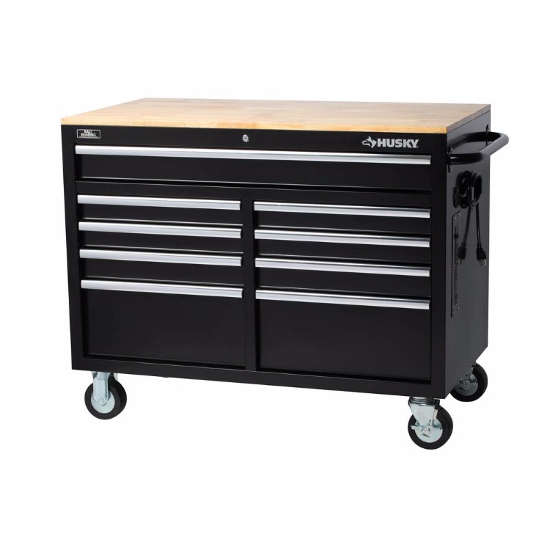 lot 02 image: HUSKY 46 in. W 9-Drawer, Deep Tool Chest Mobile Workbench in Gloss Black with Hardwood Top
