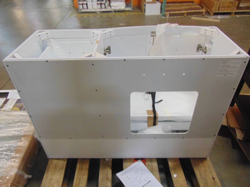 lot 82 image: allen  roth Moravia White Single Sink Vanity Cabinet Only 1142VA-48-201 - Small Crack LH Front Door.