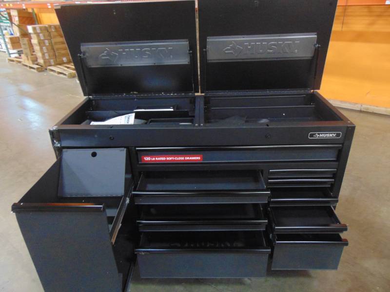 lot 20 image: Husky Heavy-Duty 63 in. W 15-Drawer, Deep Tool Chest Mobile Workbench in Matte Black with Flip-Top Stainless Steel Top H63MWC15FT
