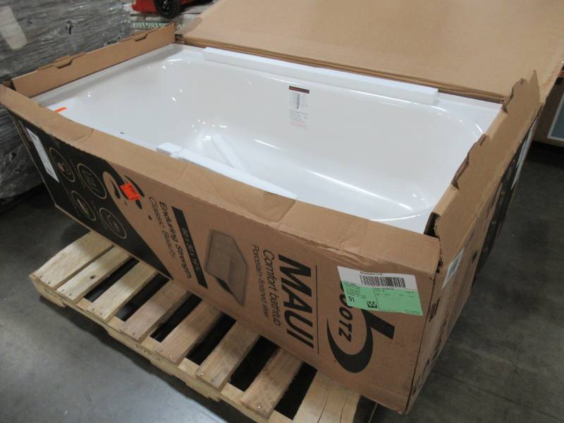 lot 159 image: Bootz Maui 60 X 30 X 16 58 Right Drain Rectangular Alcove Soaking Bathtub in White 011-3340-00 - Small enamel damage on front Threshold.