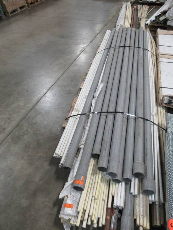 lot 231 image: Mixed Wholesale Pallet of PVC Electrical Conduit and Plumbing Pipe Along With Misc Copper Pipe.