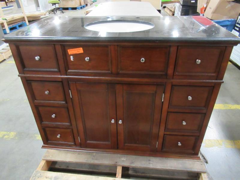 lot 272 image: Hampton Harbor 44 in. W x 22 in. D Bath Vanity in Sequoia with Granite Vanity Top (Chip LH Front Corner) and Cracked backer board.