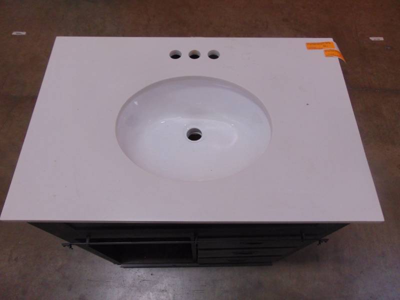 lot 511 image: Style Selections Morriston Distressed Java Single Sink Vanity with White Engineered Stone Top (Common 30-in x 20-in) WSL30BHV